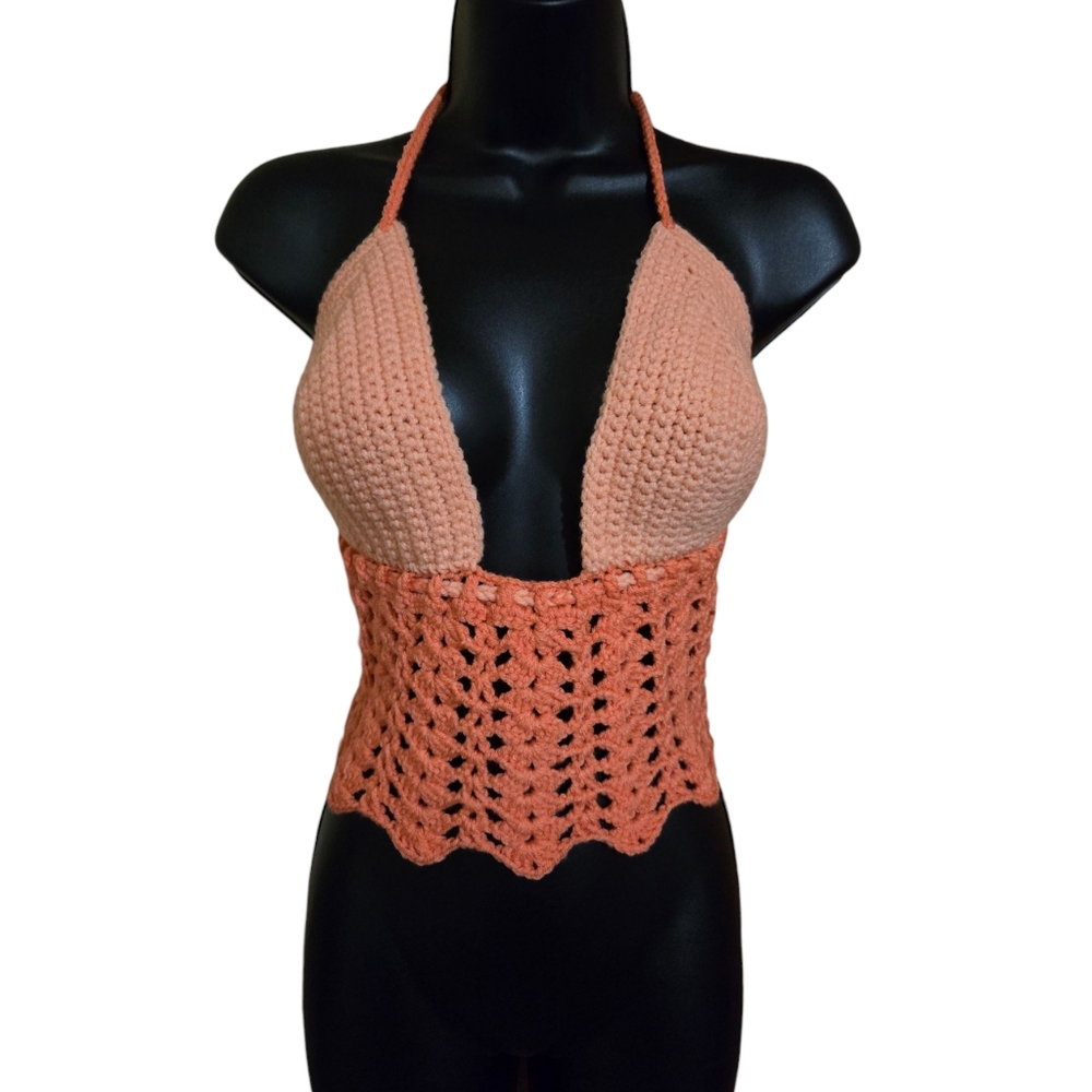 Coral/Peach Goldstone Bralette/Headband Set, Large, Handmade Crochet